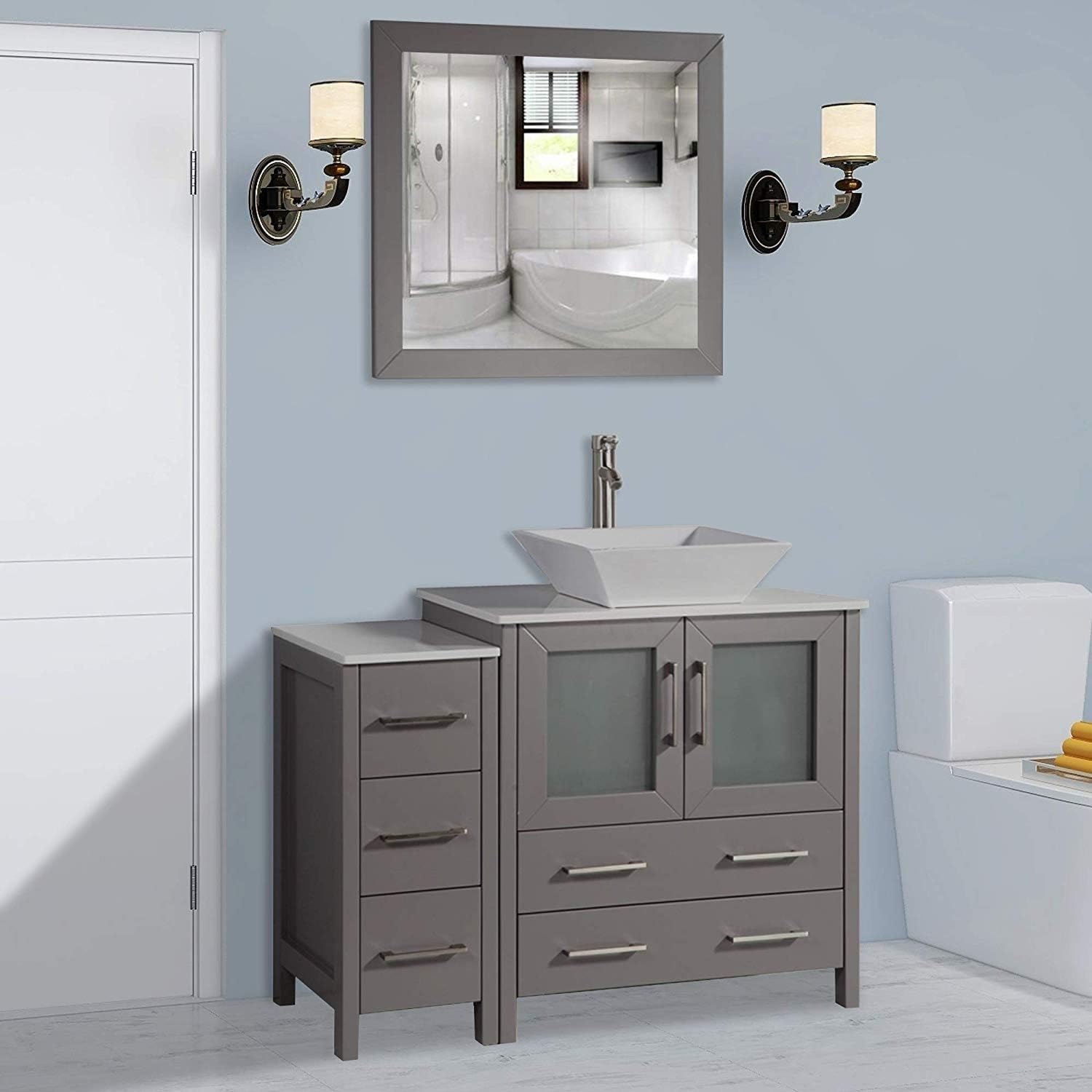 Vanity Art 42 Inch Vessel Single Sink Bathroom Vanity Cabinet with 1 Mirror, Engineered Marble Top Bathroom Cabinet Compact Set with 5 Dovetail Drawers and Soft Closing Doors, VA3130-42-G