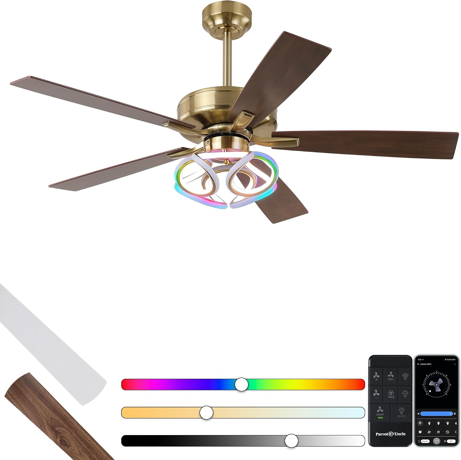 Parrot Uncle Ceiling Fan with Lights Gold Ceiling Fan with RGB Light for Indoor, Remote Control, 6 Speeds, 3 CCT, Memory Function, 5 Blades, Modern