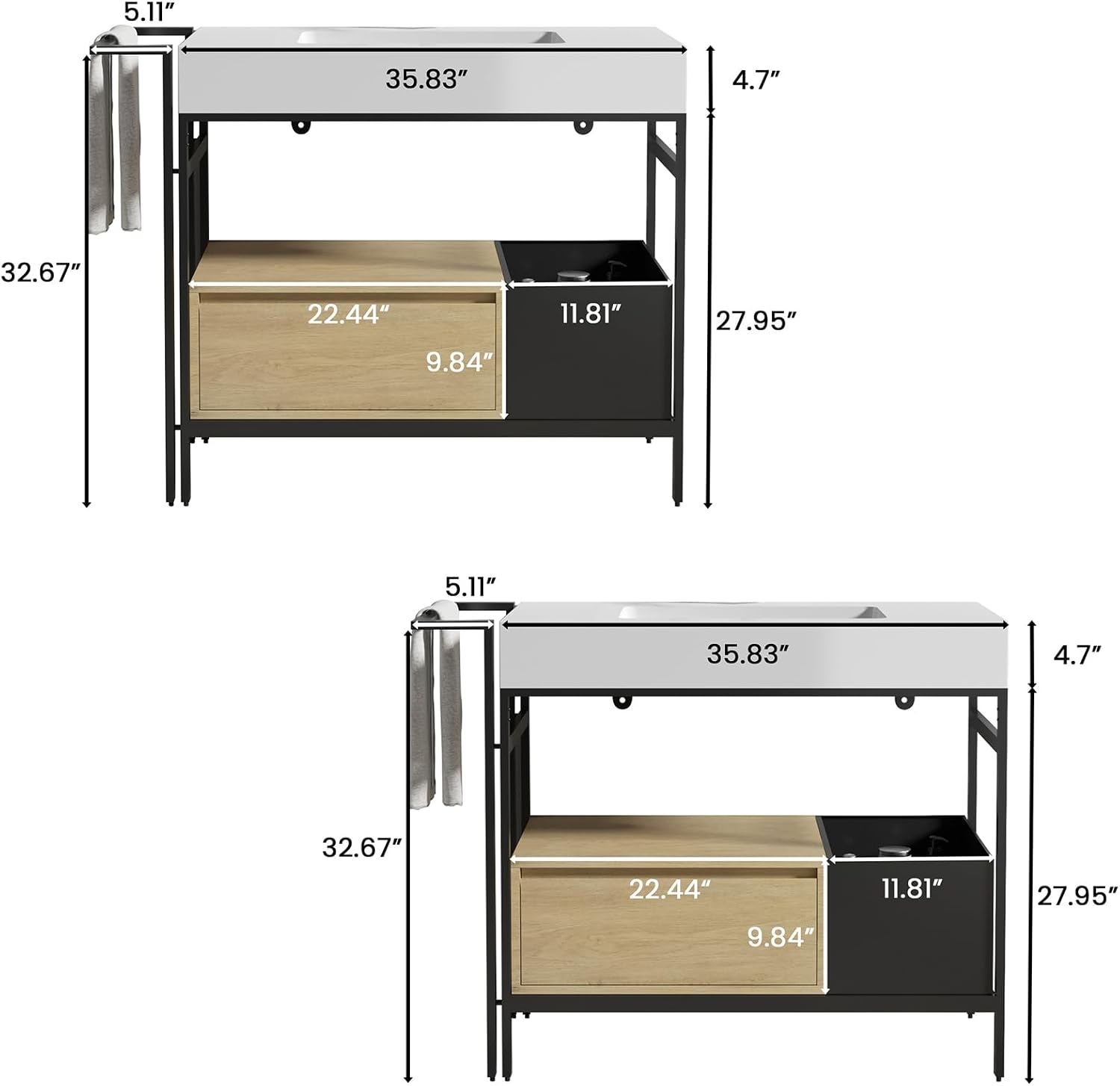 2 x 36 Inch Bathroom Vanity Set, Industrial Style Modular Bathroom Vanity with Quartz Sink Combo and Metal Frame and Drawers, Without Drainage and Faucet, Oak+White