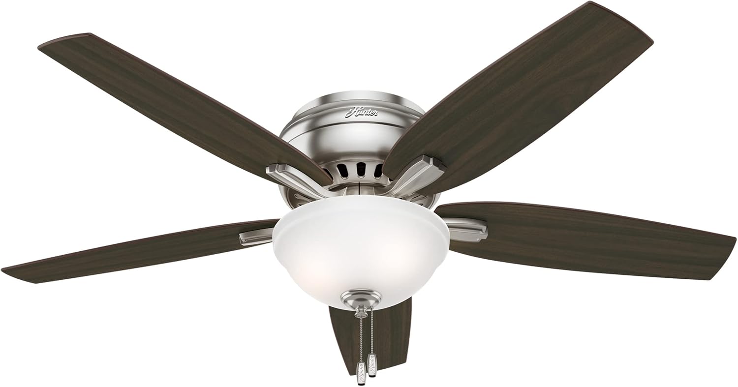 Hunter 52 inch Indoor Ceiling Fan with LED Light - Ceiling Fan with Pull Chain, For Bedroom or Living Room, Low Profile Flush Mount, No Remote, 5 Blades, Includes Bulbs- Newsome 53315, Brushed Nickel