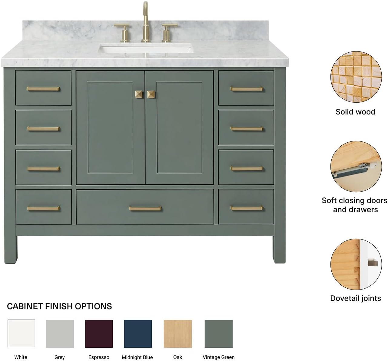 ARIEL Cambridge 48-inch Bathroom Vanity with Sink,Solid Wood, 1.5-inch Italian Carrara Marble Countertop, Single Rectangular Porcelain Sink, 2 Soft Closing Doors, 9 Dovetail Drawers, Vintage Green