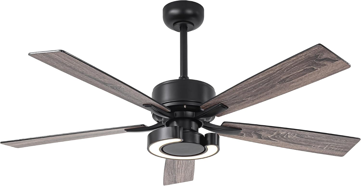 52 Inch Black Ceiling Fans with Lights and Remote - Creative Modern Ceiling Fan for Bedroom Living Room with 3CCT, 6 Speeds, Quiet, Dual-Sided Reversible 5 Blades Indoor Outdoor Chandelier Fan