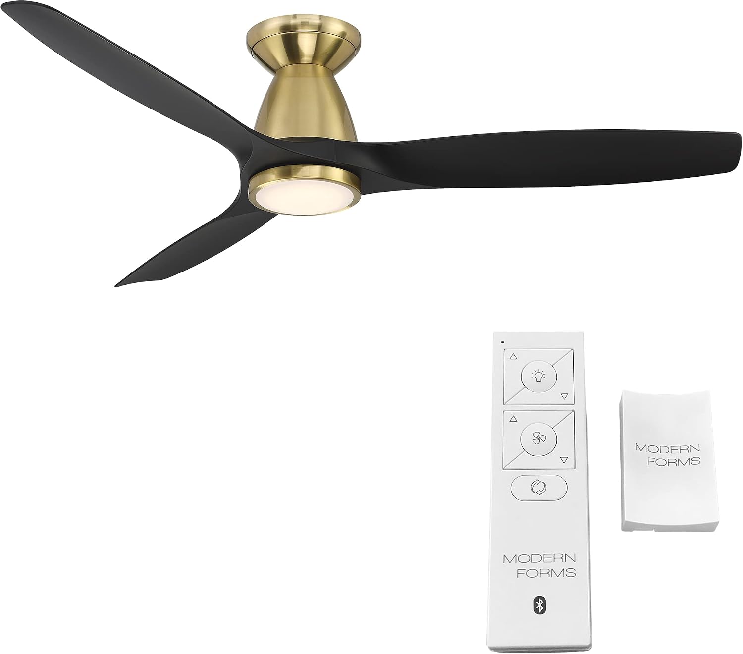 Skylark Smart Indoor and Outdoor 3-Blade Flush Mount Ceiling Fan 54in Satin Brass Black Adjustable CCT 2700K-3000K-4000K-5000K LED Light Kit and Remote Control works with Alexa and iOS or Android App