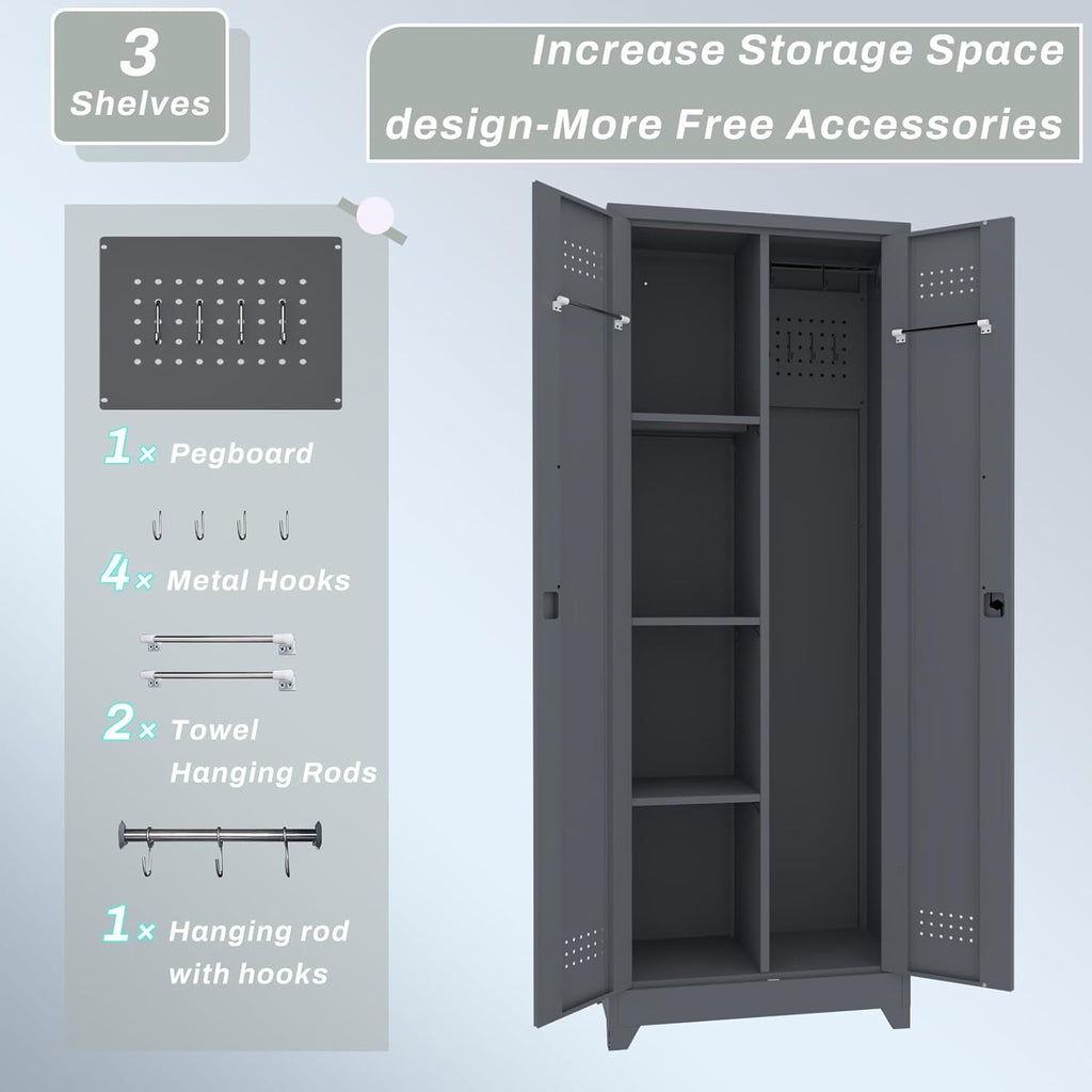 IRONFFICE Metal Lockable Storage Cabinet,Tall Garage Storage Cabinets with 2 Doors,Locking Cabinets for Office,Home,Utility Room,Grey