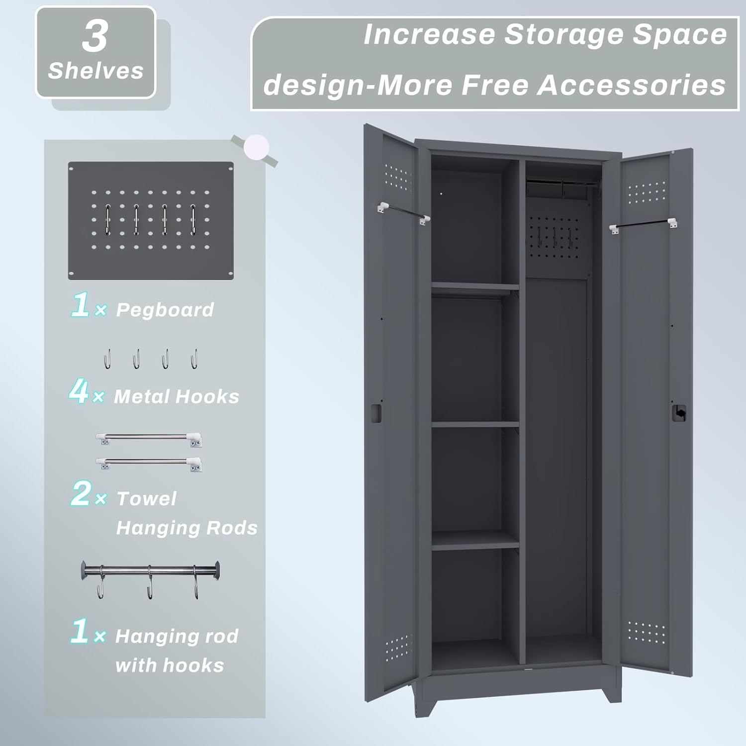 IRONFFICE Metal Lockable Storage Cabinet,Tall Garage Storage Cabinets with 2 Doors,Locking Cabinets for Office,Home,Utility Room,Grey