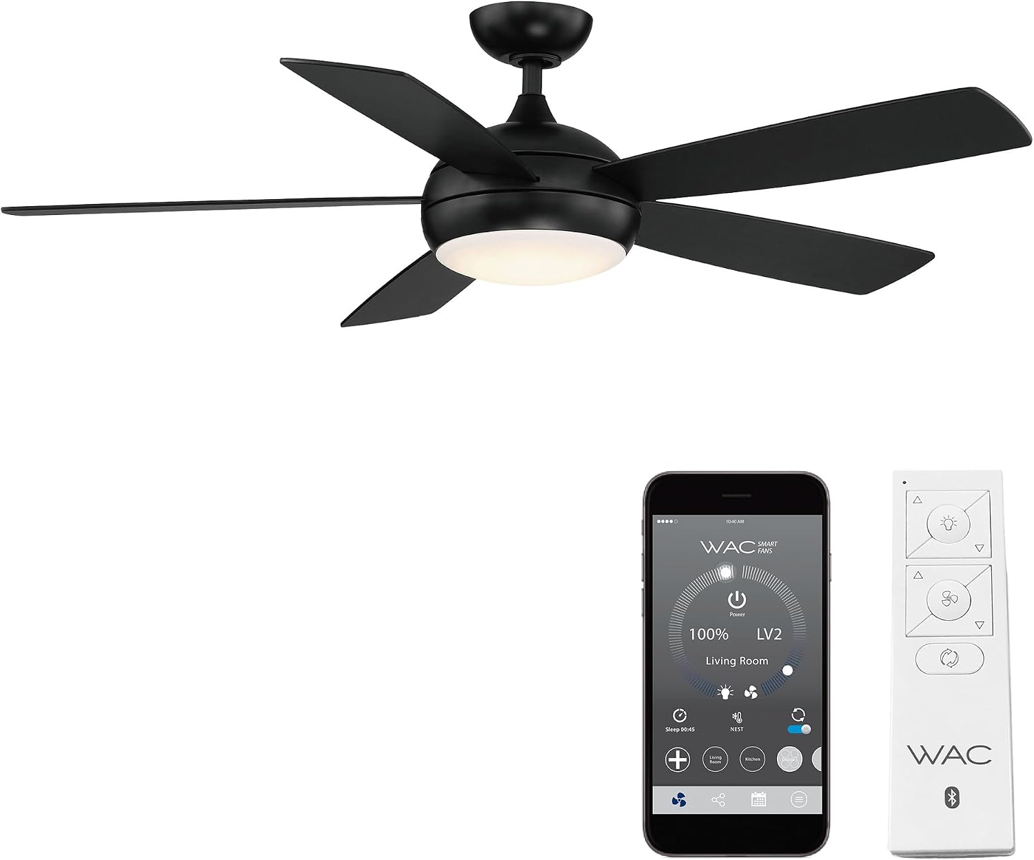 WAC Ceiling Fans F-005L-MB Odyssey 52' Ceiling Fan with LED Lights and Remote, Matte Black