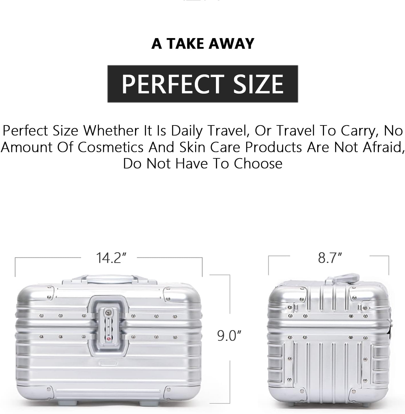 YUEMAI Hard Shell Cosmetic Case, Mini Aluminium Alloy Carrying Makeup Case Suitcase, Small Travel Hand Luggage With Elastic Band, For Make-Up Artist, Silver