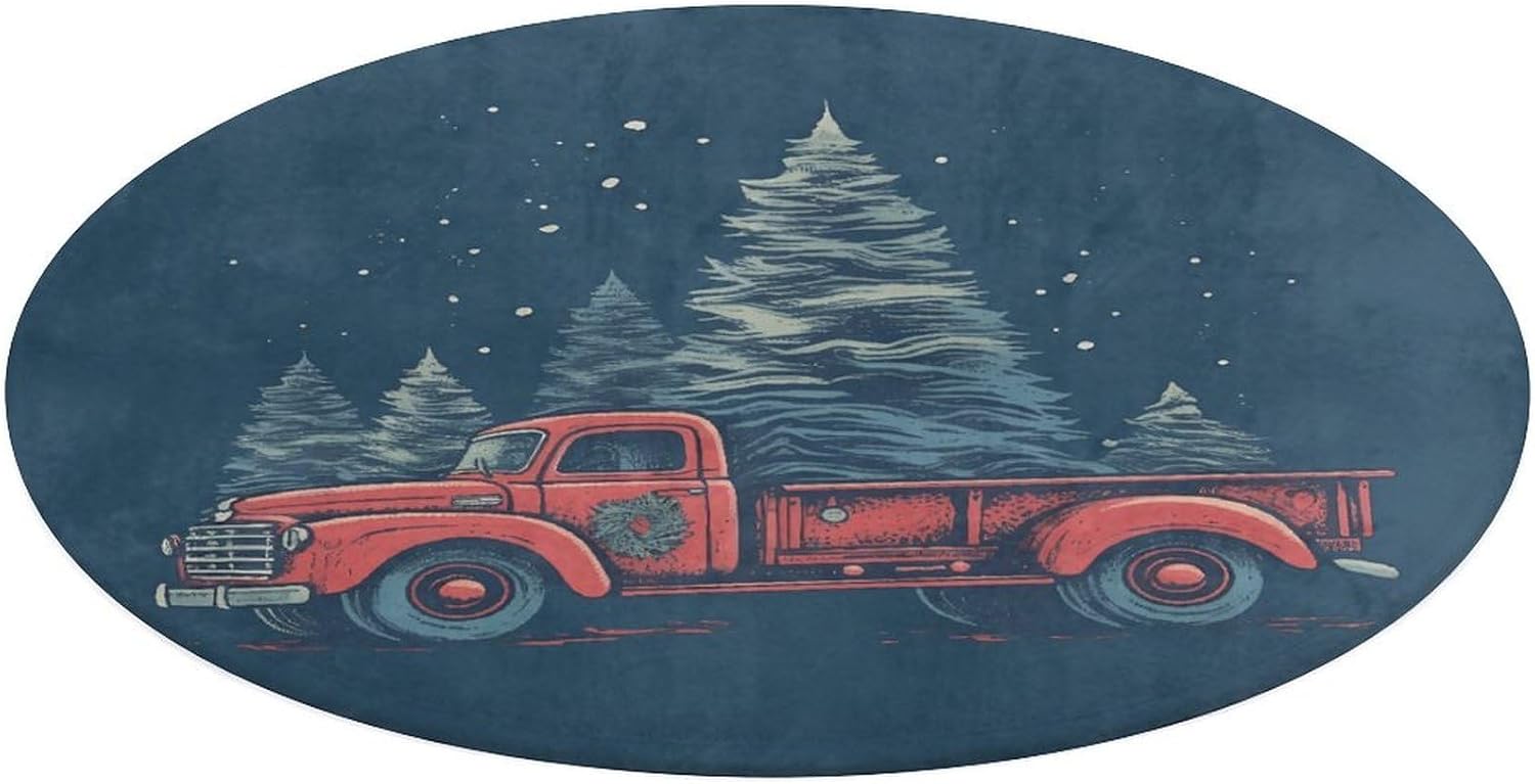 Red Truck with Christmas Tree Coral Velvet Round Floor Mat Non-Slip Bath Rug Floor Covering for Bathroom Vanity Guest Suite & Vacation Home