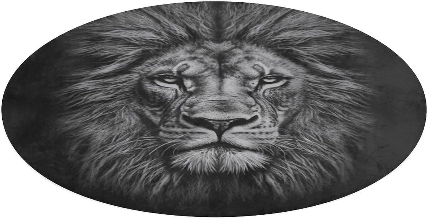 Black and White Lion Head Coral Velvet Round Floor Mat Non-Slip Bath Rug Floor Covering for Bathroom Vanity Guest Suite & Vacation Home