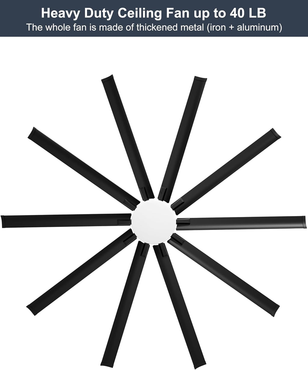 Ohniyou 96'' Industrial Ceiling Fan with Bright Lights - Remote/APP Control, High CFM, Extra Large Shop Ceiling Fan for Covered Outdoor Patio, Gym, Black