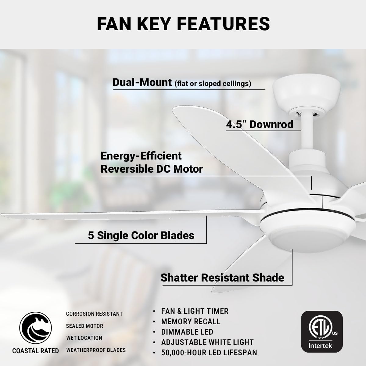 kathy ireland HOME 52' Yonas Ceiling Fans with Lights & Remote, Coastal Rated Indoor/Outdoor, Energy-Efficient 6-Speed DC Motor, Dimmable LED, Modern Design, Matte White KICF58316