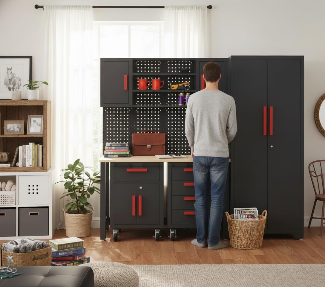 6Piece Garage Storage Cabinet System, Garage Cabinets and Storage System Workshop Set with Steel Cabinet, Cabinet Drawers, Workbench, Pegboard for Tool Organization