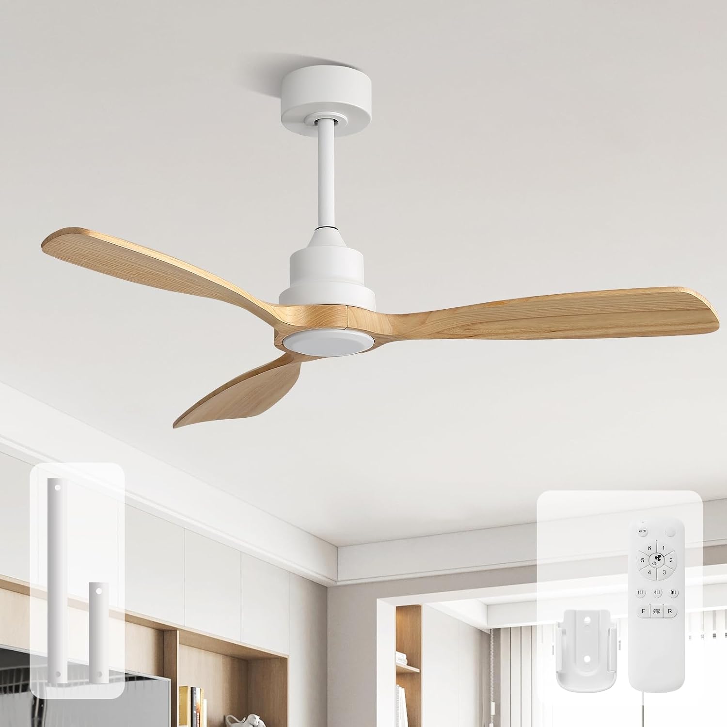 Sofucor 48 Inch Ceiling Fan No Light-Outdoor Ceiling Fans Without Lights, 3 Solid Wood Blades Reversible Quiet DC Motor, Modern Ceiling Fan with Remote Control for Indoor Bedroom/Living Room/Patios