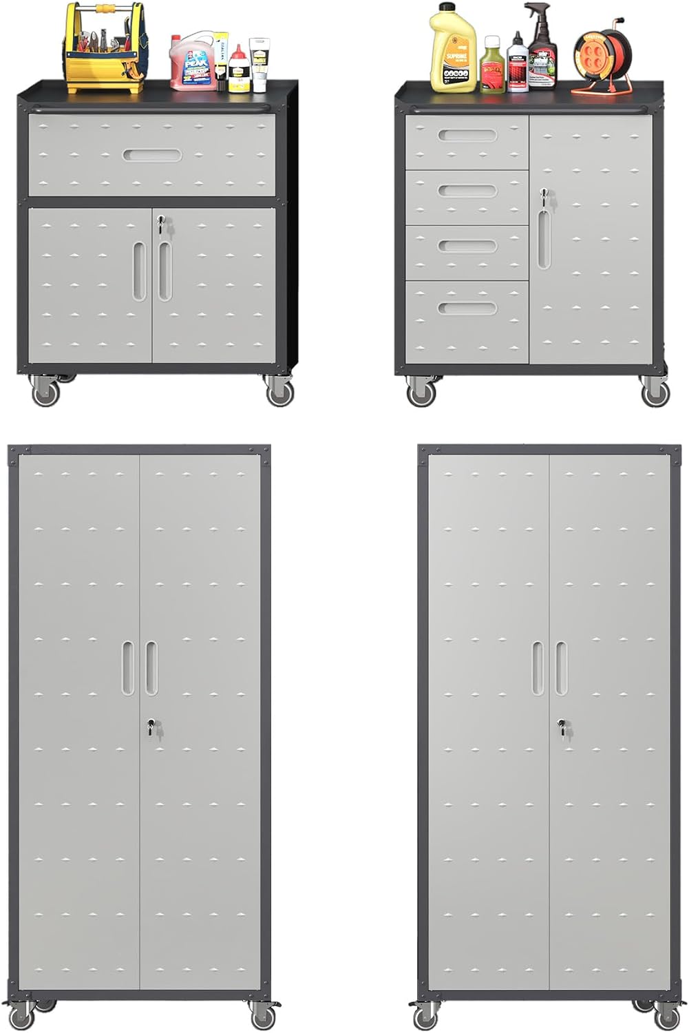 AQY Metal Garage Storage Cabinets System,4 Piece Workshop Tool Cabinets Set Included Lockable Garage Storage Cabinet with Drawers Adjuest Shelves Rolling Chest and Wheels,Assembly Required