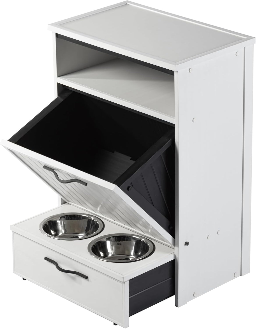 New Age Pet ECOFLEX Brea Dog Food Pantry in Antique White, Two 32 oz Bowls, Moisture Resistant, Easy Assembly, Holds 25 lbs
