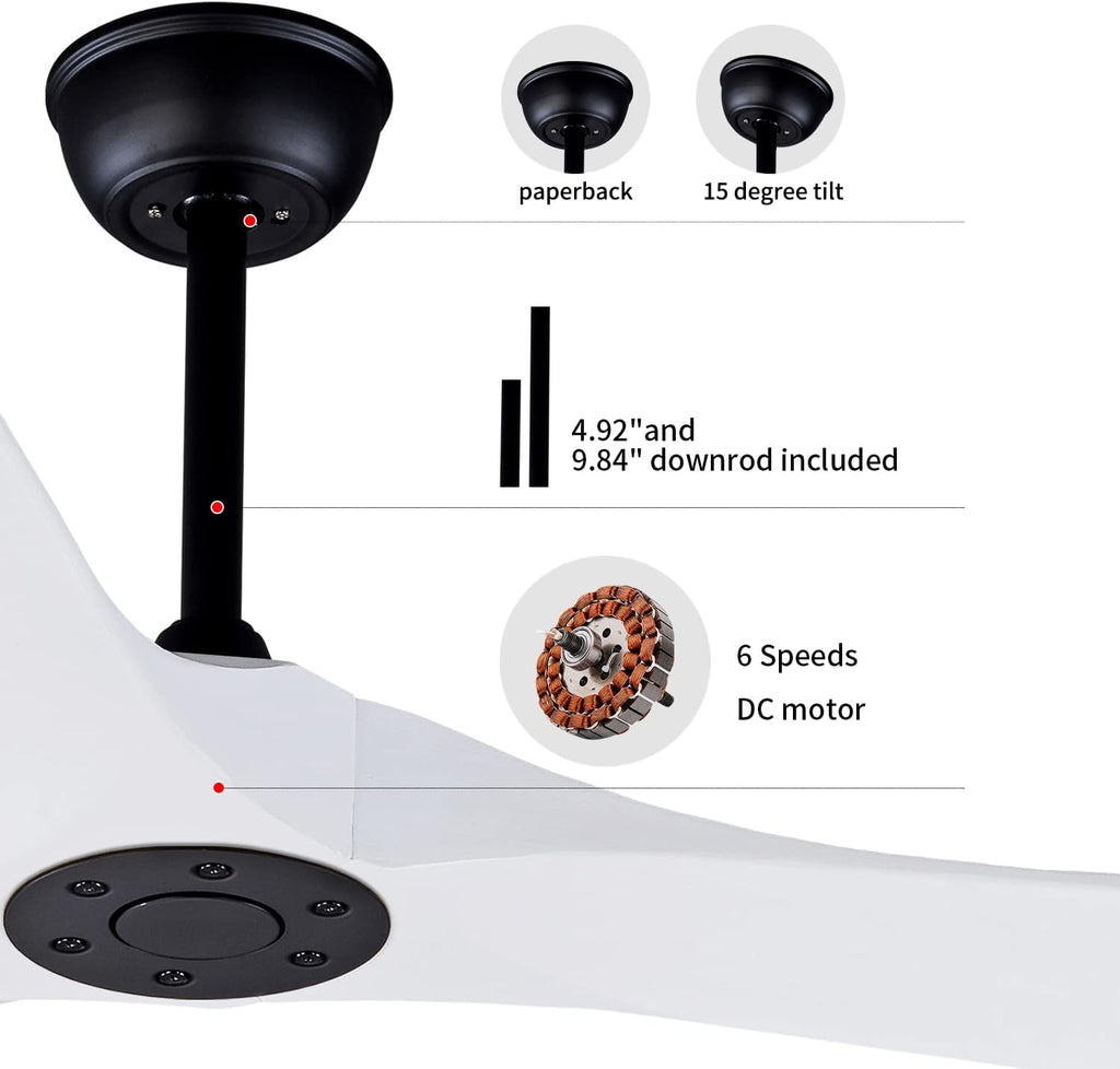 Bigzone 88' Large Ceiling Fan No Light with Remote,3 Blades White Solid Wood Big Ceing Fan without Light with Quiet Reversible DC Motor 6-Speeds for Living Room/Dining Room/Garage/Indoor/Outdoor
