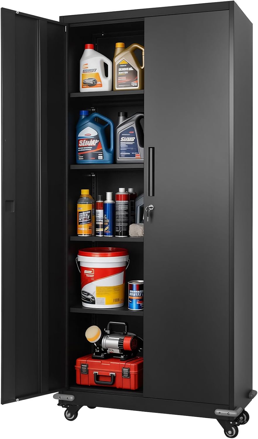 VEVOR Metal Storage Cabinet, 72.6 in Rolling Steel Garage Cabinet with 4 Adjustable Shelves, 2 Magnetic Doors & 2 Keys, 5 Tiers Lockable Tool Storage for Pantry, Warehouse, Basement, Office, Black