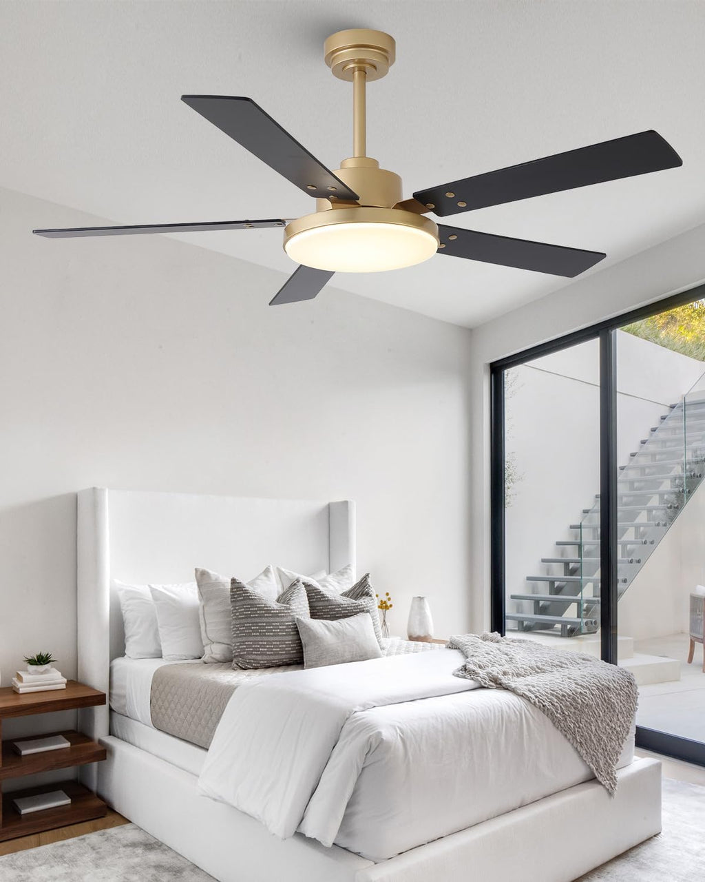 Parrot Uncle 52 Inch Gold Ceiling Fan with LED Light, Ceiling Fan with App and Remote Control, Dimmable 3 CCT, Reversible DC Motor, 5 Blades, Downrod Mount