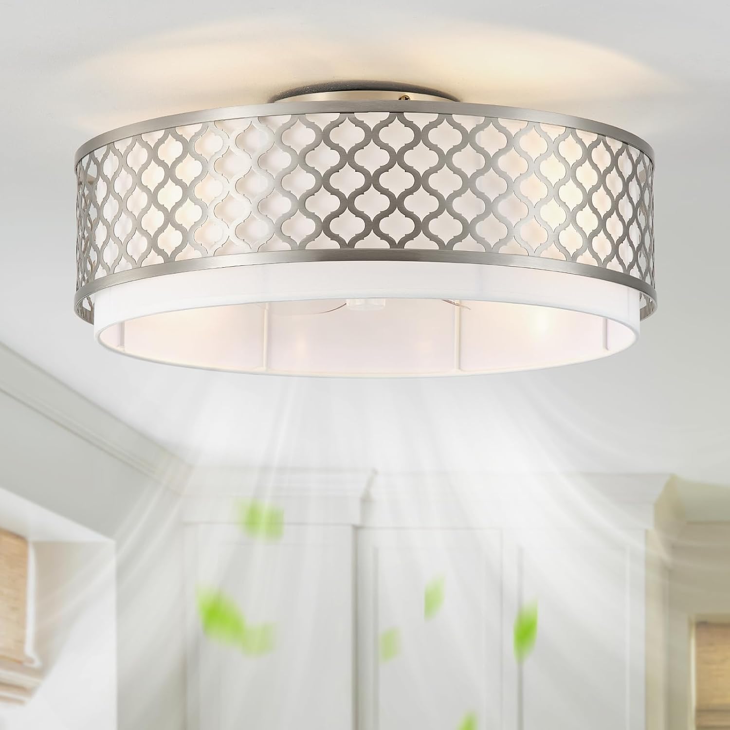20' Silver Flush Mount Ceiling Fan with Light, Boho Ceiling Fans with Lights Low Profile, Enclosed with Remote Control 6 Speeds for Living Room, Bedroom, Nursery