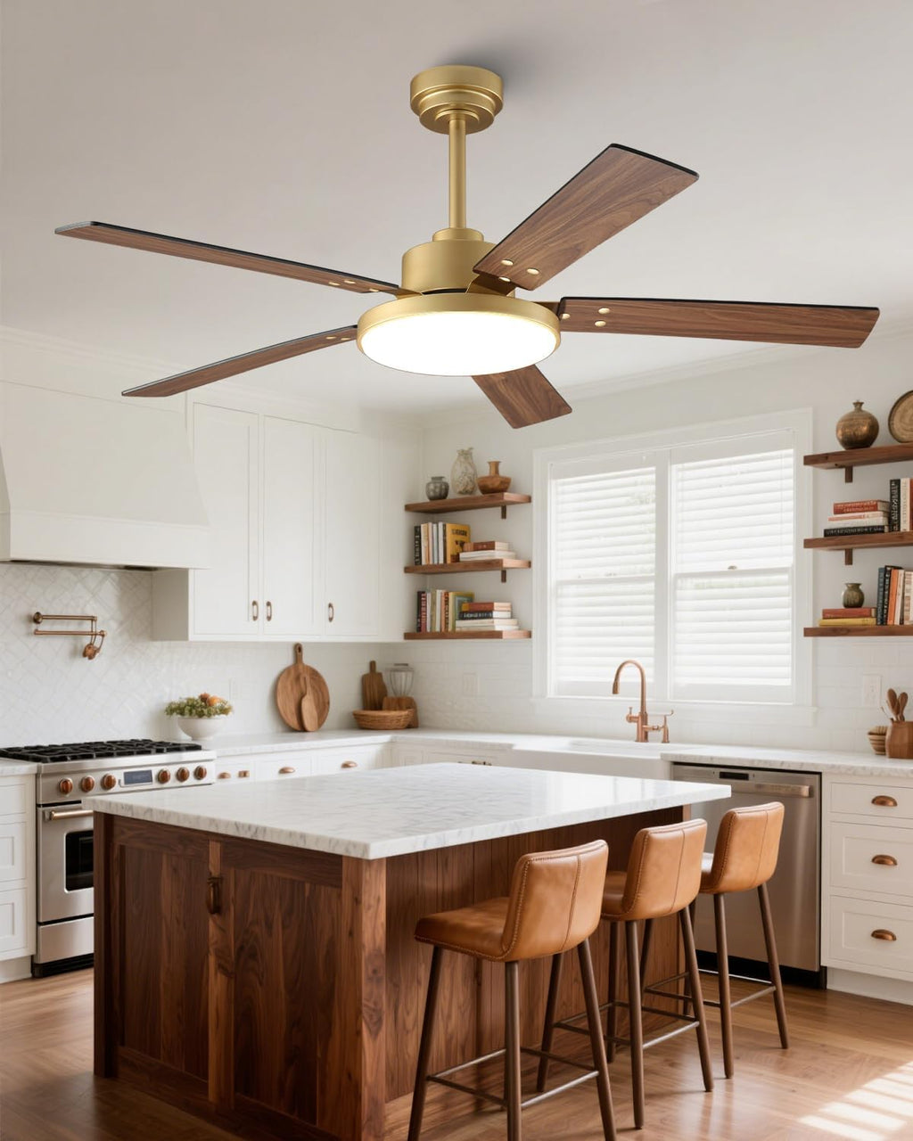 Parrot Uncle 52 Inch Gold Ceiling Fan with LED Light, Ceiling Fan with App and Remote Control, Dimmable 3 CCT, Reversible DC Motor, 5 Blades, Downrod Mount