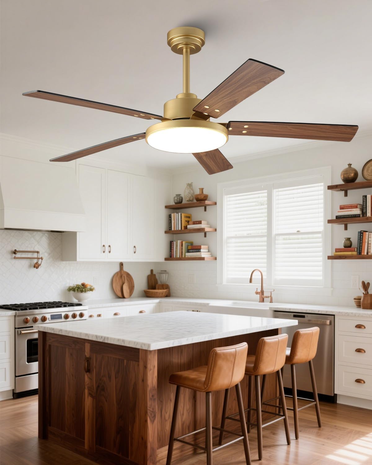 Parrot Uncle 52 Inch Gold Ceiling Fan with LED Light, Ceiling Fan with App and Remote Control, Dimmable 3 CCT, Reversible DC Motor, 5 Blades, Downrod Mount