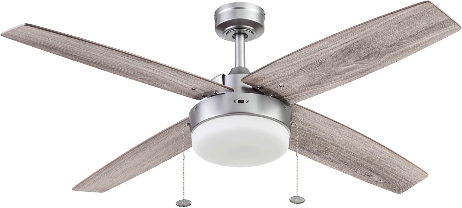 Prominence Home Memphis, 52 Inch Contemporary Indoor LED Ceiling Fan with Light, Pull Chain, Dual Mounting Options, 4 Dual Finish Blades, Reversible Motor - 51652-01 (Pewter)