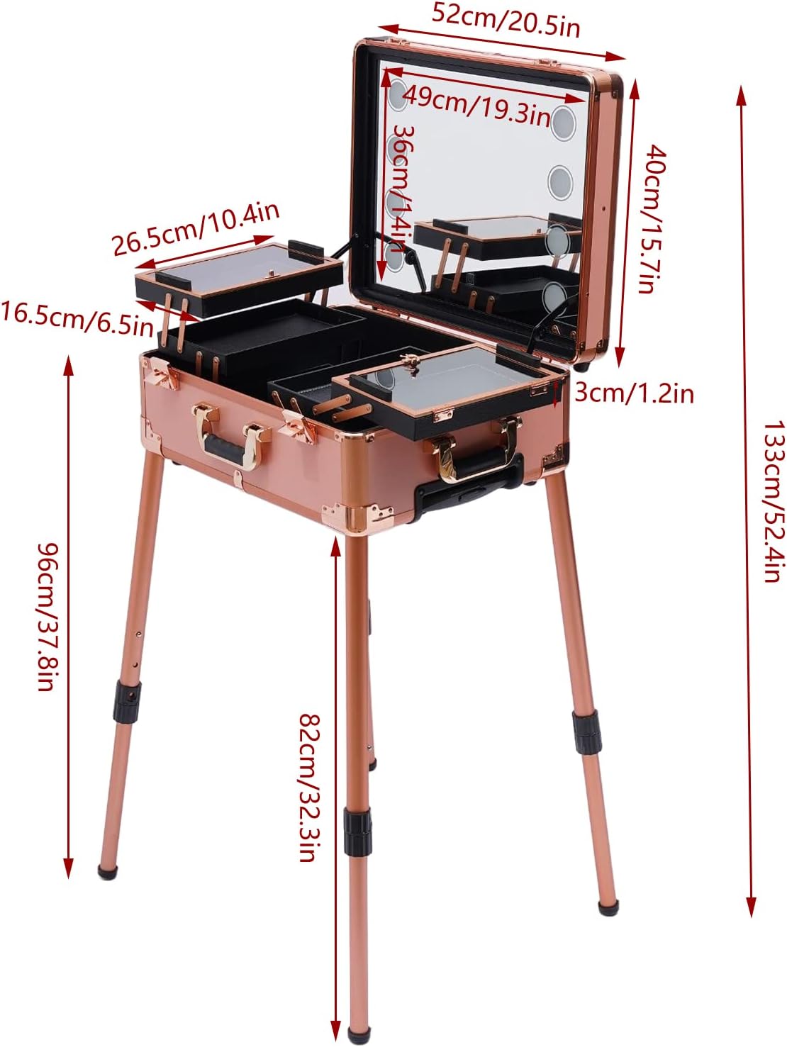 Aluminum Trolley Makeup Train Case with LED Light & Mirror,Professional Cosmetic Travel Box with Retractable Legs, Rolling Lighted Makeup Vanity Station for Travel (Rose Gold)