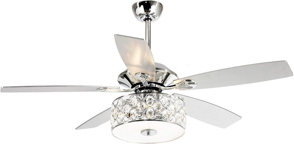 Parrot Uncle 52 Inch Ceiling Fans with Lights and Remote Control, Crystal Chandelier Fans for Bedroom Living Room, Reversible 5-Blade, 3 Speeds, Timer Function, Polished Chrome