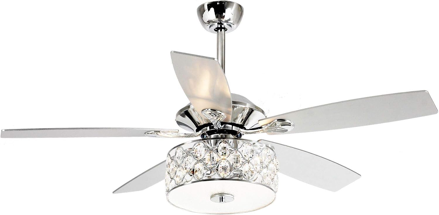 Parrot Uncle 52 Inch Ceiling Fans with Lights and Remote Control, Crystal Chandelier Fans for Bedroom Living Room, Reversible 5-Blade, 3 Speeds, Timer Function, Polished Chrome