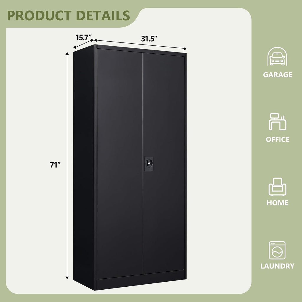 RAVIGIN Metal Garage Storage Cabinet with Lock, 71' Locking Tool Cabinet with 2 Doors and 5 Adjustable Shelves, Tall Steel Cabinet Garage for Home,Office,Warehouse，School (Black)