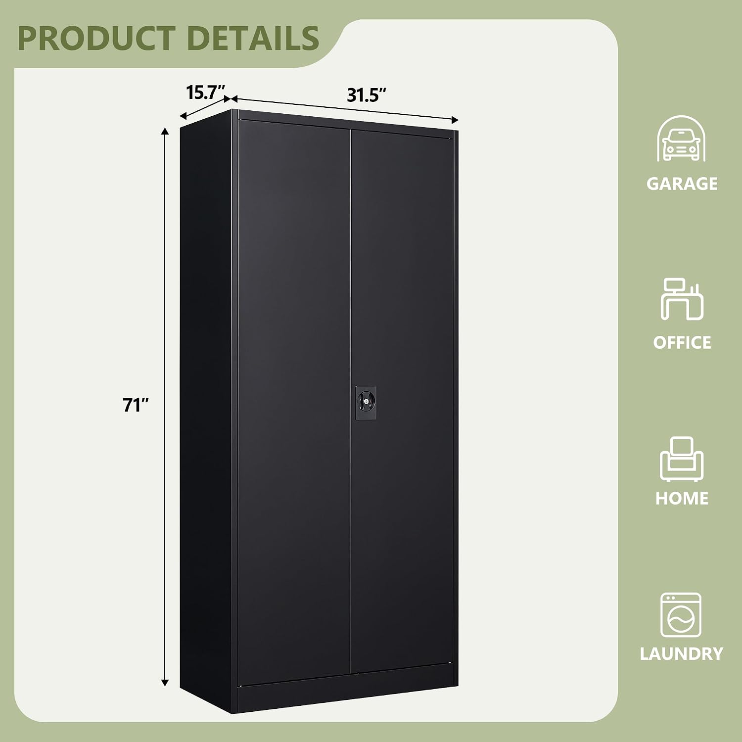 RAVIGIN Metal Garage Storage Cabinet with Lock, 71' Locking Tool Cabinet with 2 Doors and 5 Adjustable Shelves, Tall Steel Cabinet Garage for Home,Office,Warehouse，School (Black)