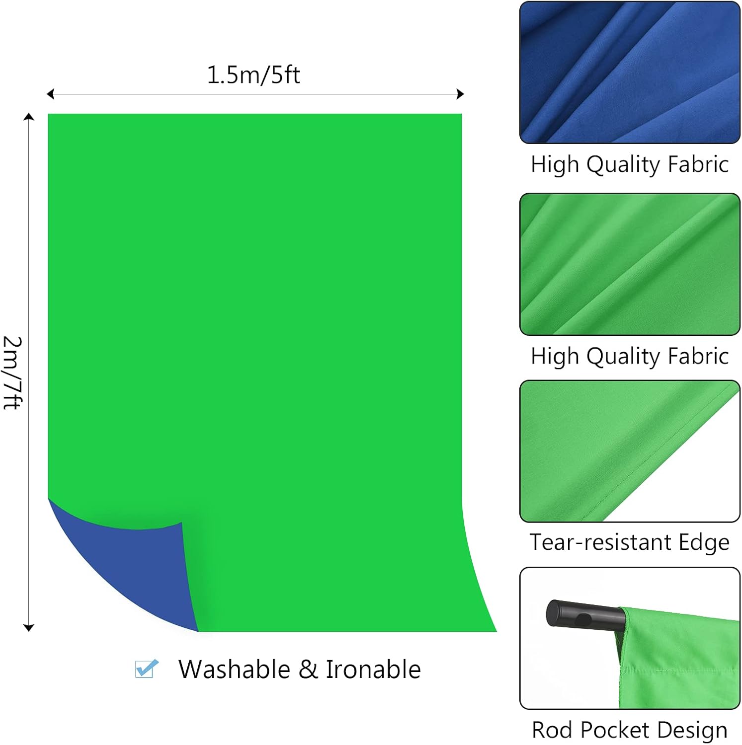 Andoer 5x7ft Green Screen Blue Screen Backdrop Double-Sided Chromakey Background Photography Kit with 5x7ft T-Shaped Background Adjustable Stand 3 x Spring Clamps