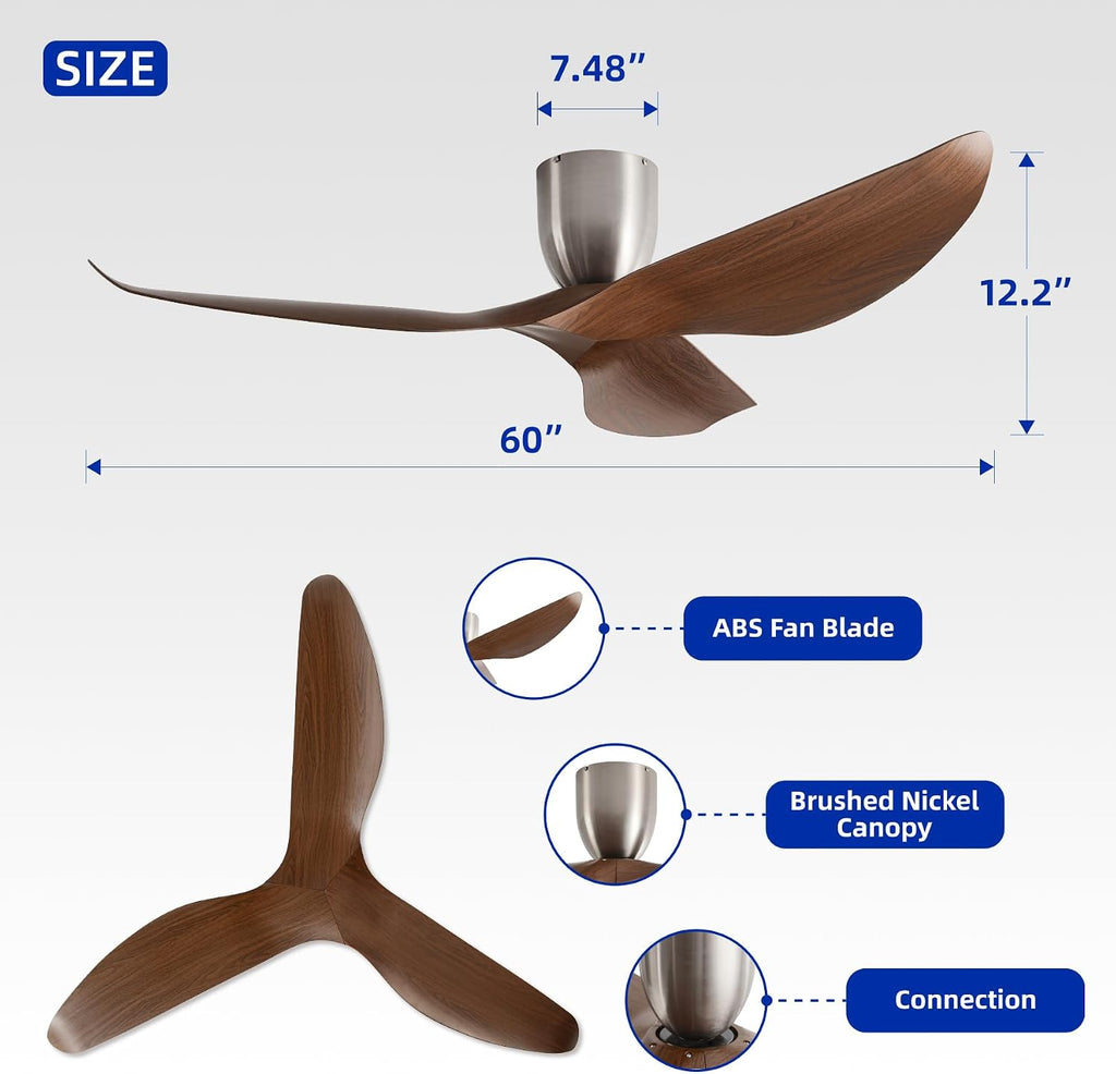 60' Walnut Color Flush Mount Ceiling Fan with Remote, No Light | Modern Low-Profile, Heat Resistant ABS Blades, 6-Speed Reversible Quiet DC Motor for Balcony, Living Room, Bedroom
