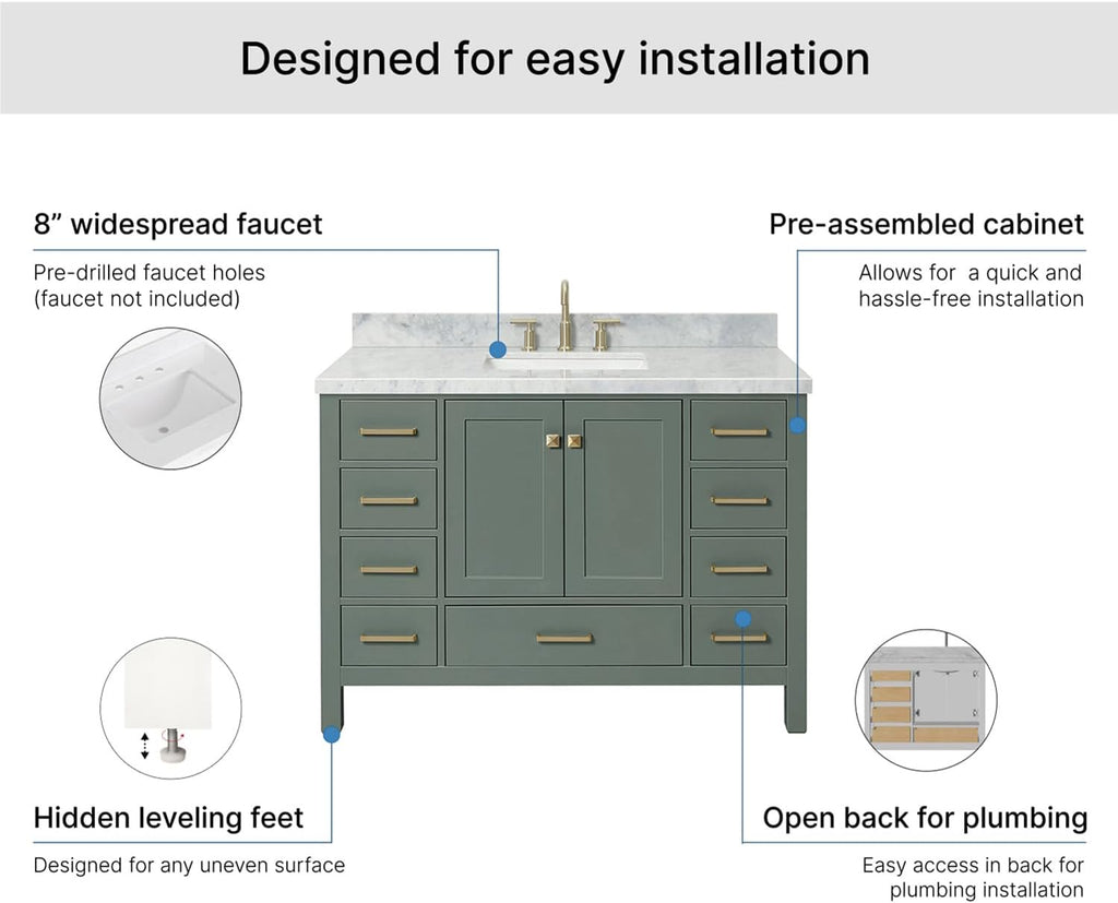 ARIEL Cambridge 48-inch Bathroom Vanity with Sink,Solid Wood, 1.5-inch Italian Carrara Marble Countertop, Single Rectangular Porcelain Sink, 2 Soft Closing Doors, 9 Dovetail Drawers, Vintage Green