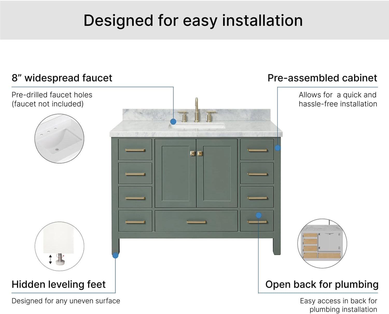 ARIEL Cambridge 48-inch Bathroom Vanity with Sink,Solid Wood, 1.5-inch Italian Carrara Marble Countertop, Single Rectangular Porcelain Sink, 2 Soft Closing Doors, 9 Dovetail Drawers, Vintage Green