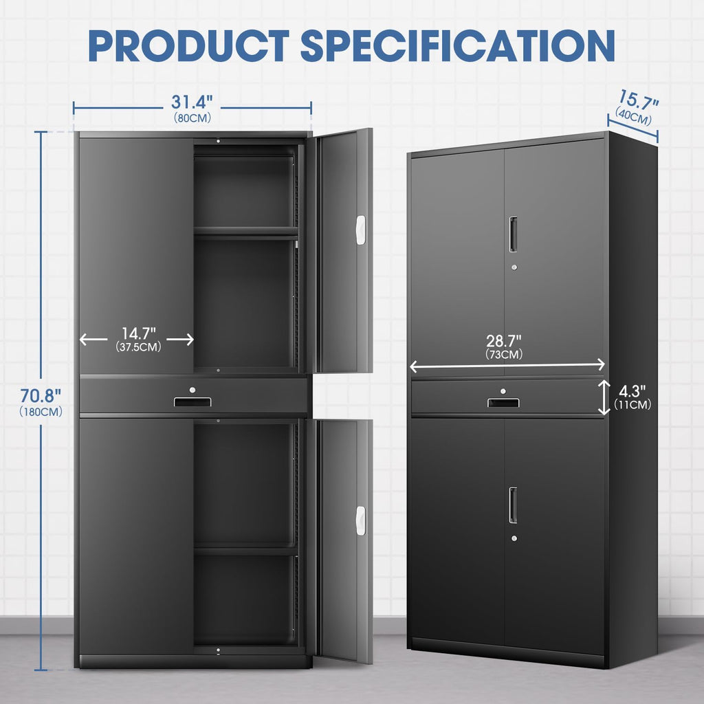 DNA Motoring 71'' Metal Storage Cabinet, Locking Tool Cabinet with 1 Drawer and Adjustable Shelves, Lockable Heavy Duty Metal Locker for Garage,Office,Home,Gym, Black, TOOLS-00629-BK-BK-A