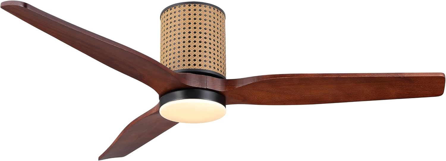 LEDLUX 52' Ceiling Fan with Light - Low Profile Flush Mount Ceiling Fan, 6-Speed Remote Control, Solid Wood, Quiet Reversible DC Motor,Walnut/Black Finish, for Bedroom, Living Room, Porch