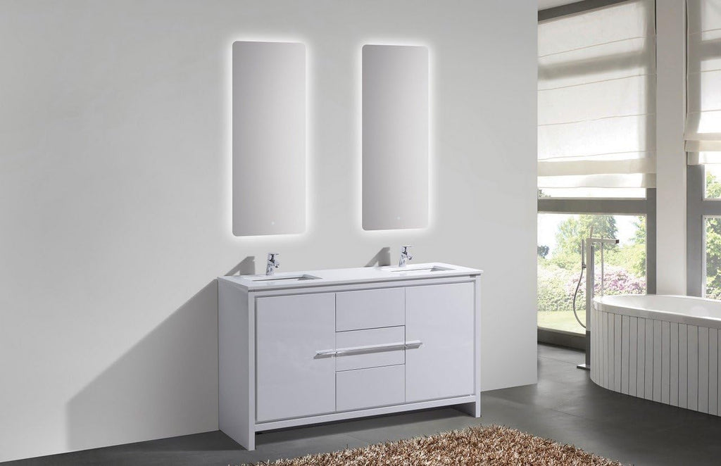 KubeBath Dolce 60 in. Freestanding Double Sink Modern Bathroom Vanity with White Quartz Countertop and Cabinet Color Options