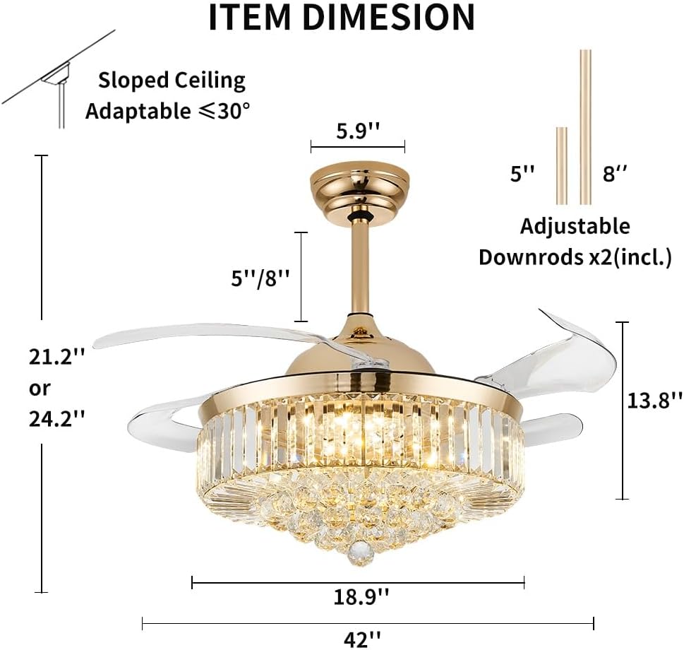 42'' Fandelier Ceiling Fans with Light, Chandelier Ceiling Fan, Retractable Crystal Ceiling Fan for Bedroom, Living Room, 3 Color Change, LED Dimmable, 6 Speeds, Reversible DC Motor-Gold