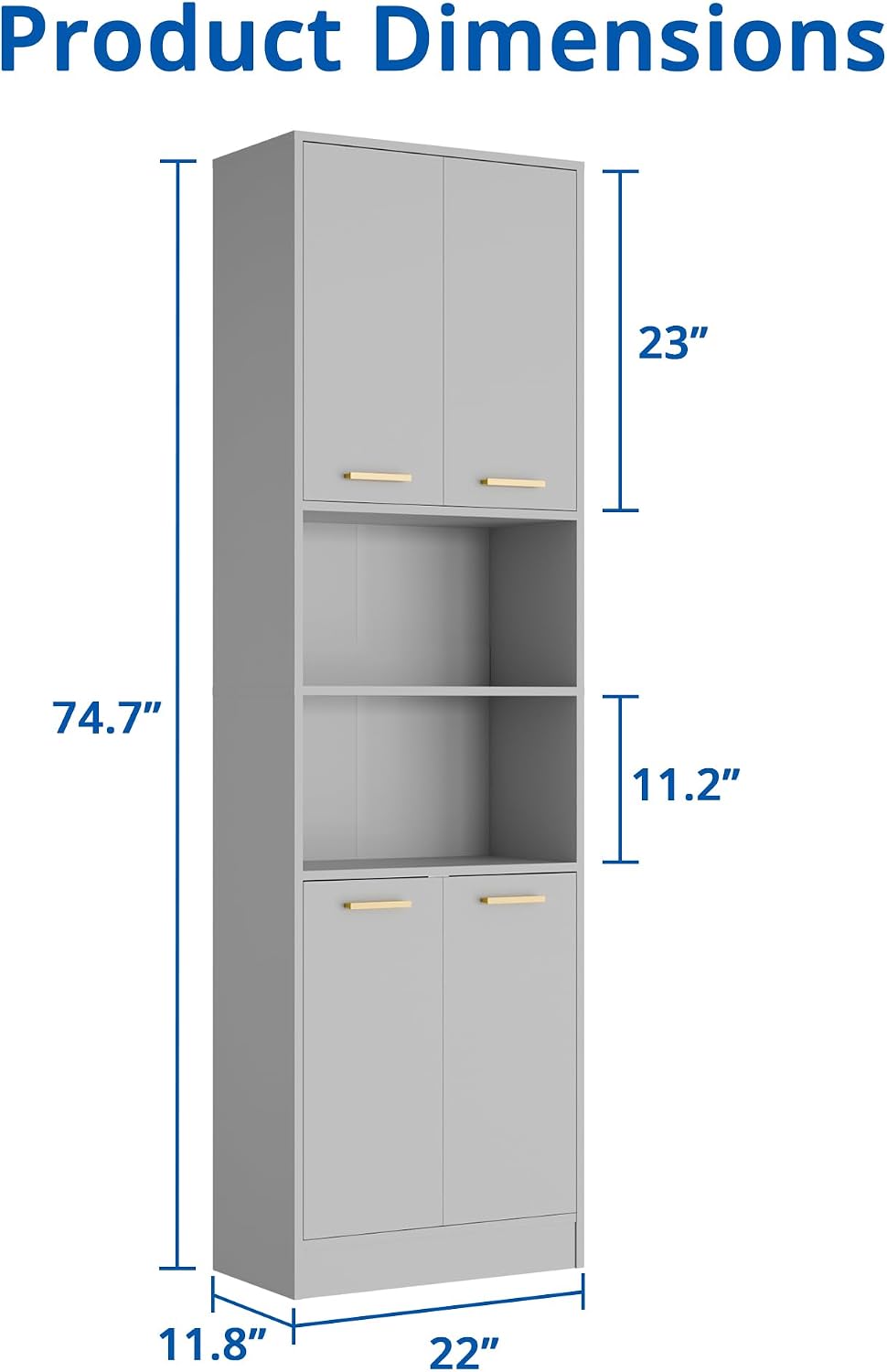 Cozy Castle Kitchen Pantry Cabinet, 75' Tall Wood Storage Cabinet with Doors and Shelves, 4 Doors Open Countertop Utility Hutch Cupboard for Dining Room Living Room Bathroom Furniture, Gray