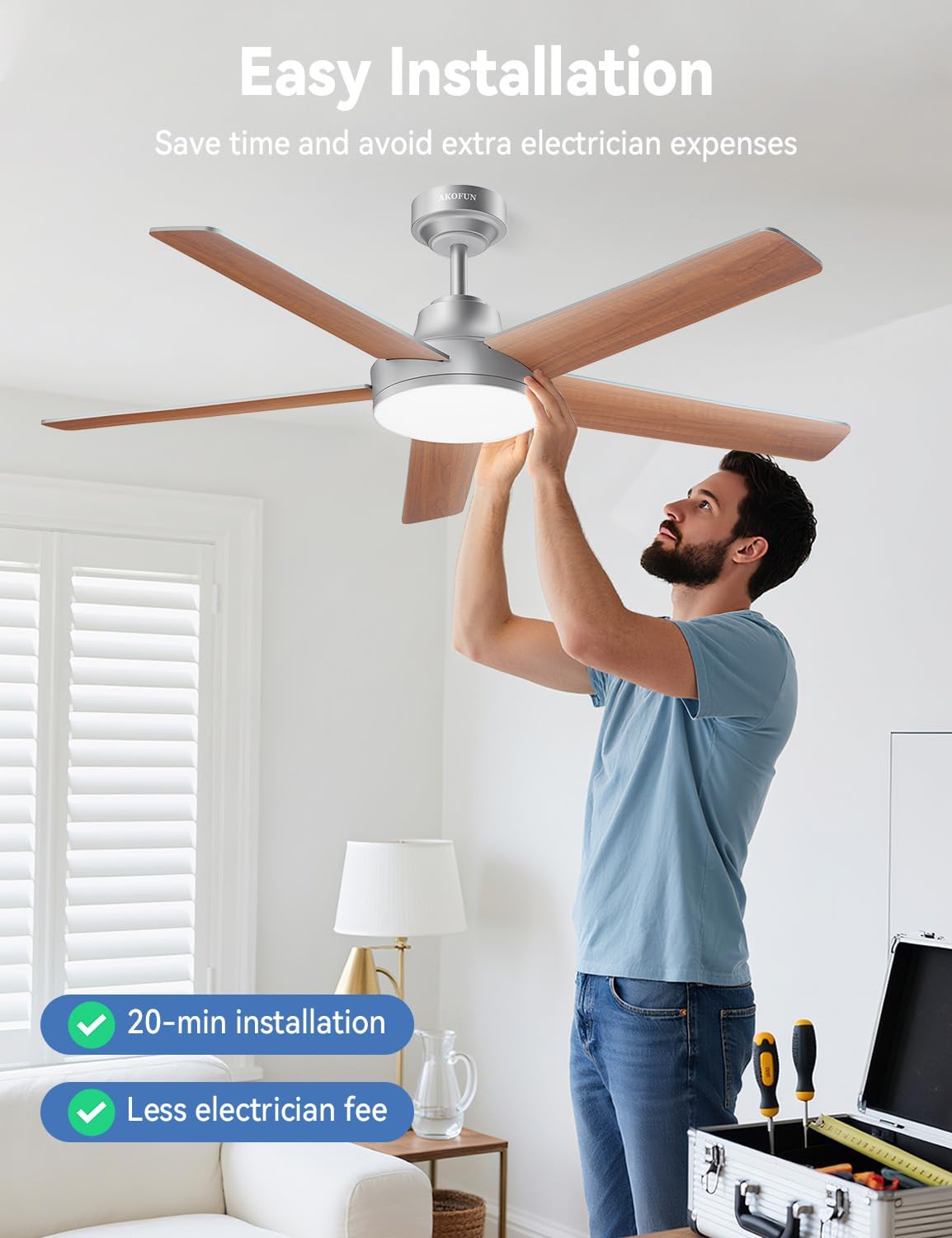 AKOFUN Ceiling Fans with Lights and Remote, Low Profile Ceiling Fan with Light, 6 Speed, Dimmable, DC Motor, Quiet, Timer, Modern LED Ceiling Fan for Bedroom Living Room 52 inch, Silver