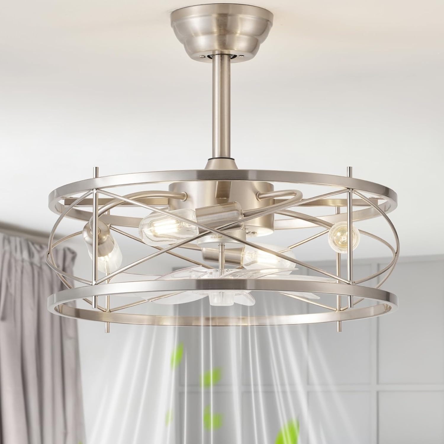 20' Farmhouse Fandelier Ceiling Fan with Light, Caged Bladeless Ceiling Fans with Lights and Remote, Rustic Small Enclosed with 6 Speeds for Bedroom, Kitchen, Living Room, Silver