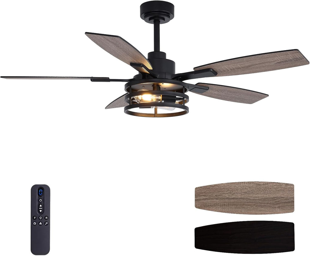 52 Inch Ceiling Fans with Lights and Remote Control, Farmhouse Ceiling Fan for Bedroom Living Room and Patio, Black Caged Ceiling Fan for Indoor and Outdoor