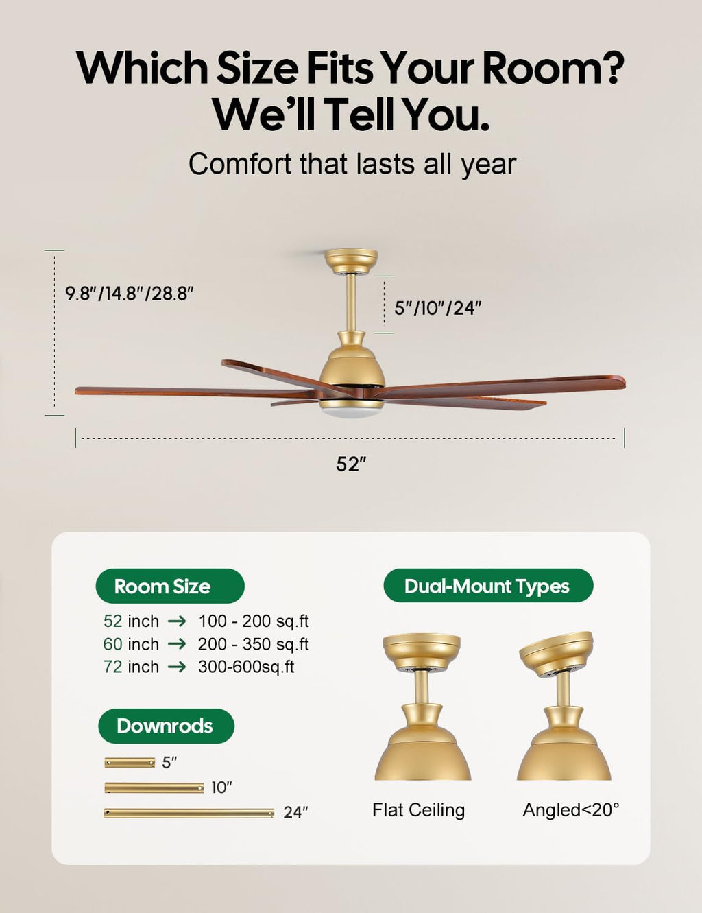 52 Inch Ceiling Fan with Lights, Gold Brass Finish, Solid Wood Ceiling Fan, Outdoor Damp Rated for Patio, High CFM Quiet Reversible DC Motor, Rustic Farmhouse Blades, for Indoor Living Room Bedroom