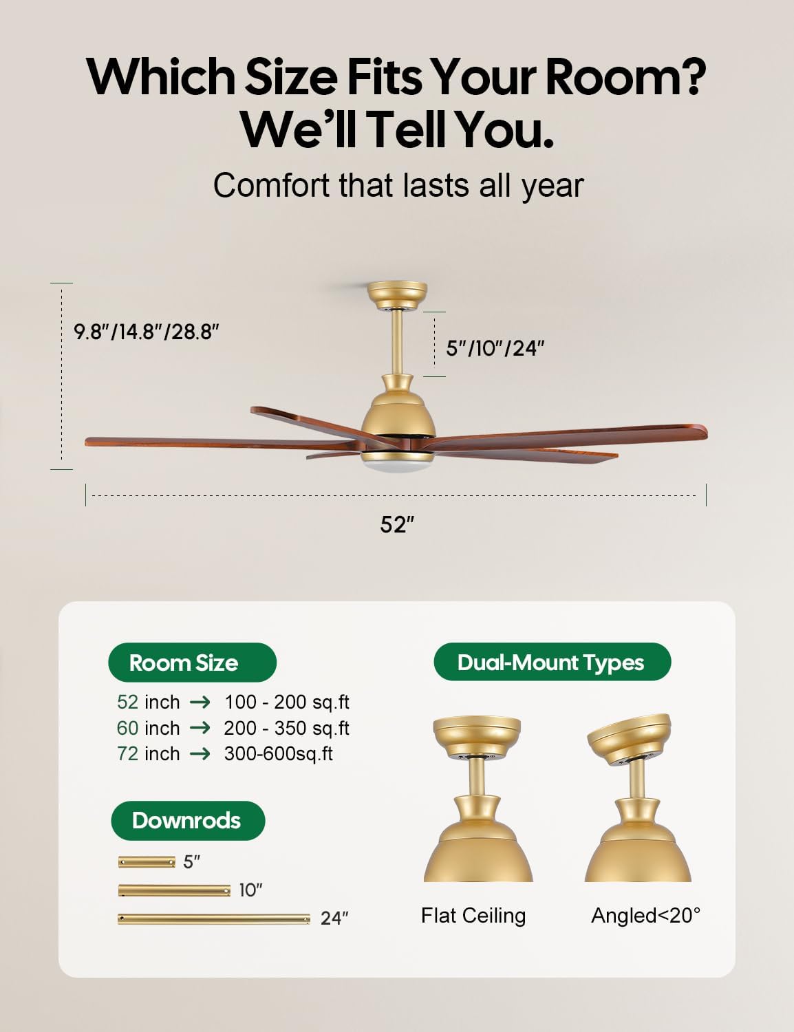 52 Inch Ceiling Fan with Lights, Gold Brass Finish, Solid Wood Ceiling Fan, Outdoor Damp Rated for Patio, High CFM Quiet Reversible DC Motor, Rustic Farmhouse Blades, for Indoor Living Room Bedroom