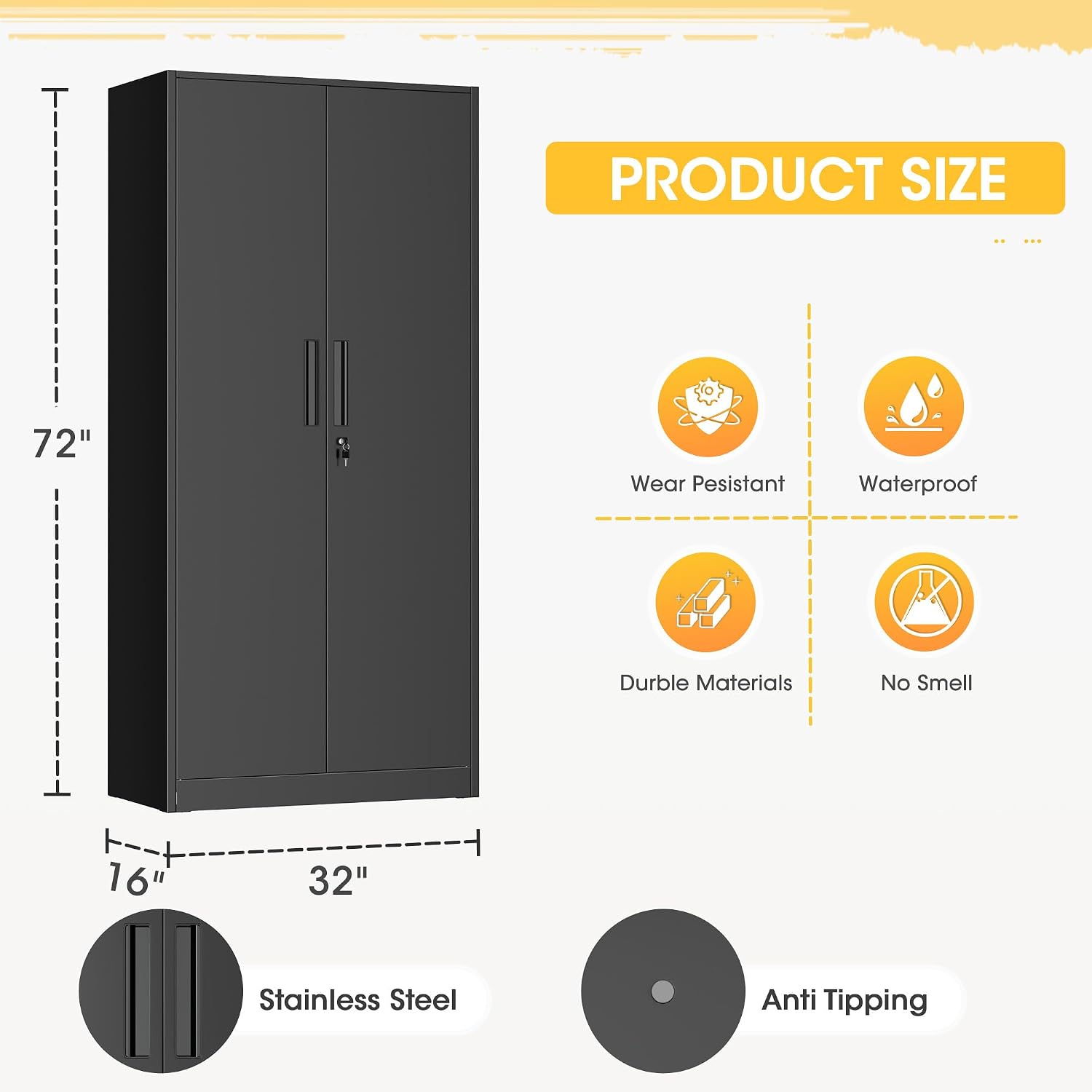 Greenvelly 72' H Metal Garage Storage Cabinet with 2 Doors and 4 Adjustable Shelves, Black Metal Cabinet with Lock, Steel Tool Cabinet for Office, Home, Garage, Gym, School（New Recessed Handle）