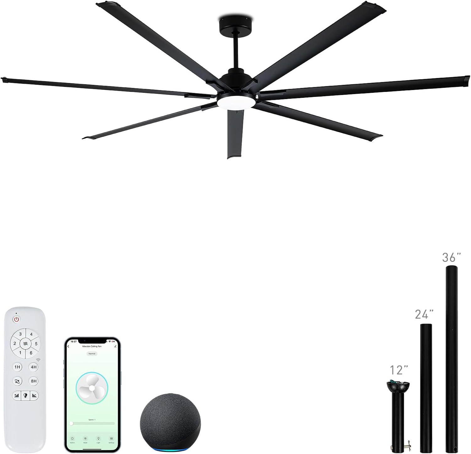 Minislak 96' Industrial & Commercial HVLS 7 Black Aluminum Blades Ceiling Fan with Light and Compatible Alexa,High CFM Brushless Motor,6-Speed,Indoor Outdoor Ceiling Fan for Patio,Garage,Shop,Library