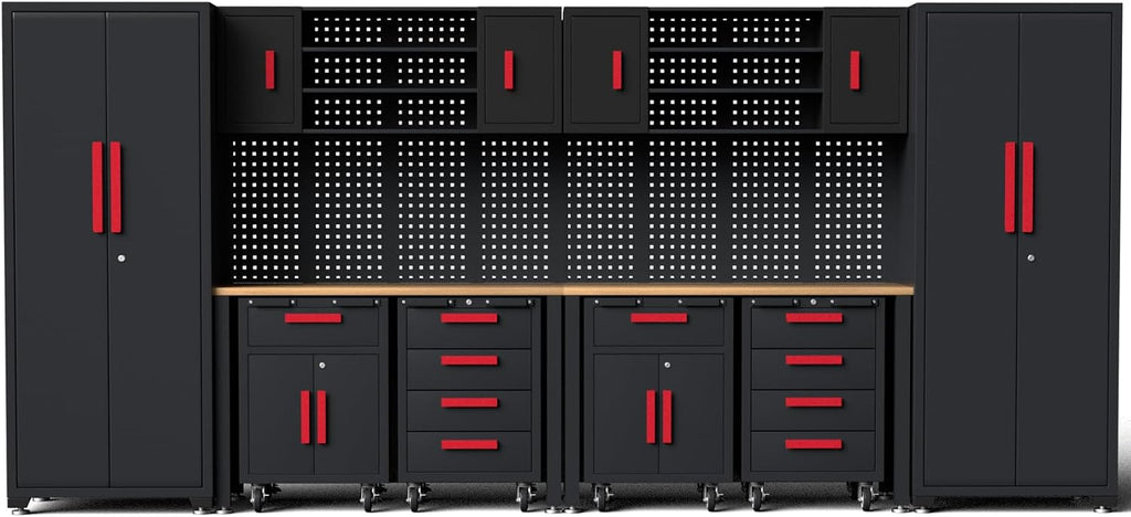Garage Storage Cabinet System, 12PCS Garage Cabinets and Storage System Kit Workshop Set with Steel Cabinet, Cabinet Drawers, Workbench, Red Handle