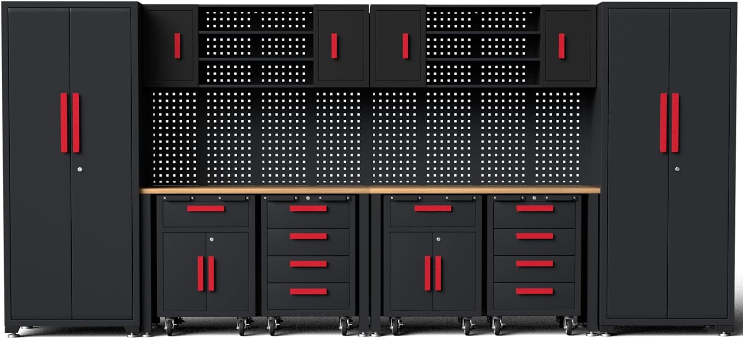 Garage Storage Cabinet System, 12PCS Garage Cabinets and Storage System Kit Workshop Set with Steel Cabinet, Cabinet Drawers, Workbench, Red Handle