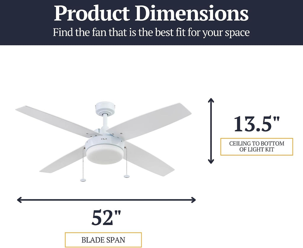 Prominence Home Memphis, 52 Inch Contemporary Indoor LED Ceiling Fan with Light, Pull Chain, Dual Mounting Options, 4 Dual Finish Blades, Reversible Motor - 51651-01 (Bright White)
